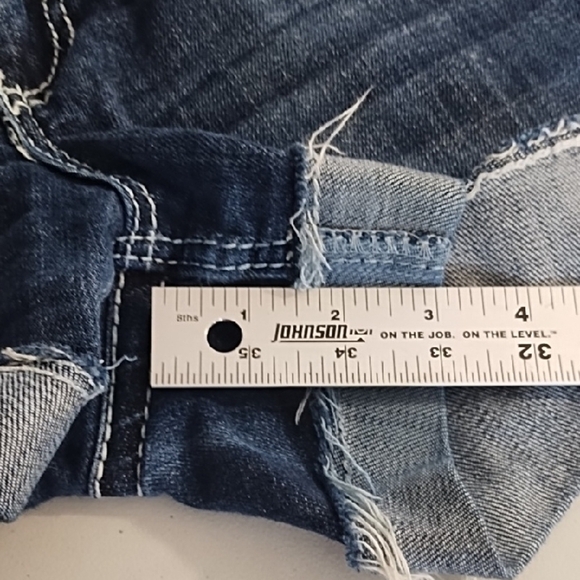 Dark Blue Jean Shorts with Frayed Cudded Hem and Decorative Stitching - Picture 8 of 15